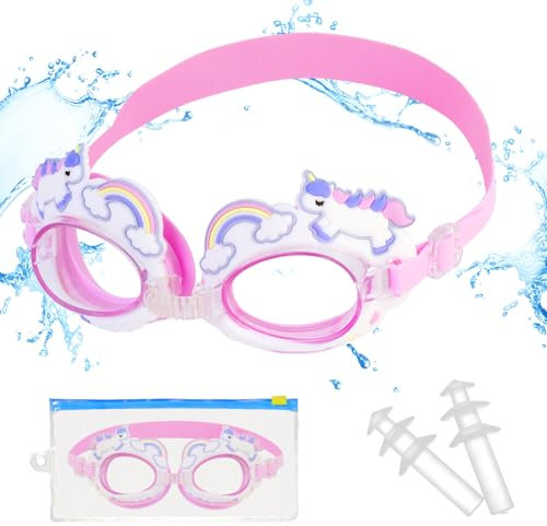 Occhialini da Nuoto Bambini Anti-Appannamento, Occhialini da Nuoto Unicorno per Ragazze 4-14, 180° Occhialini Piscina con Ampie Lenti, Prova di Perdita, Visione Chiara, Tappi per Le Orecchie