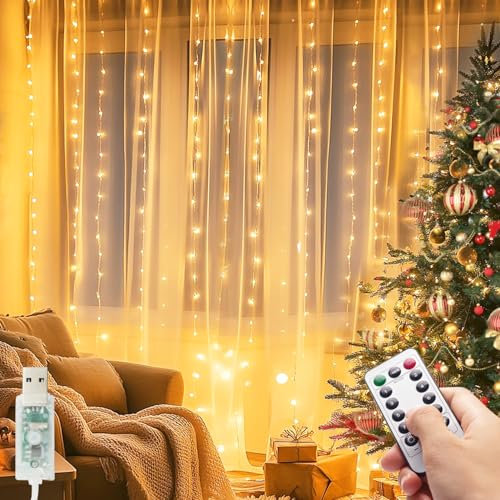 kolpop Lichtervorhang Innen 3x3m,300 LED Lichterketten Vorhang mit Fernbedienung Timer/Dimmbar, 8 Modi Wasserdicht Led Vorhang für Zimmer Party Hochzeit Terrasse Weihnachten Deko (Warmweiß)