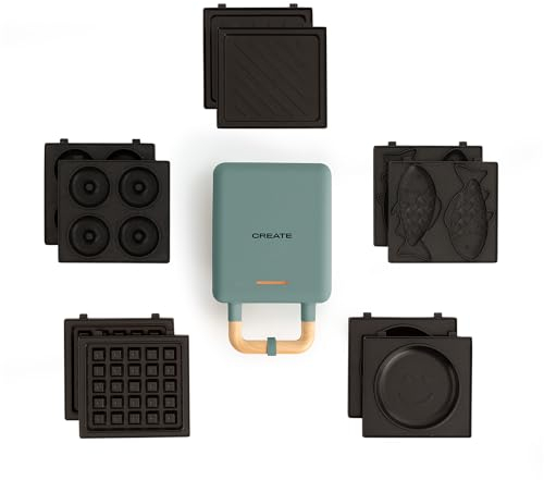 CREATE/STONE STUDIO/Sandwichmaker mit 5 austauschbaren Platten in Salbeigrün/Sandwich-Grill, Waffel, Taiyaki, Pfannkuchen und Donuts, Antihaftbeschichtung, 100° Öffnung, 600W