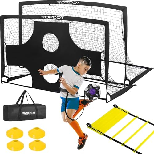 Fussballtore Kinder 2er-Set 180x120 cm für Hinterhoftraining & Aufblasbare Freiluft-Sportspiele - Enthält Fussball, Leiter, Kegel, Schusstor, Kicktrainer & tragbarer Beutel - Trainingssatz (Schwarz)