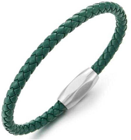COOLSTEELANDBEYOND Minimalistischen Herren Damen Dünn Grün Geflochtenes Leder Armreif Schweißband Armband, Edelstahl Magnetverschluss