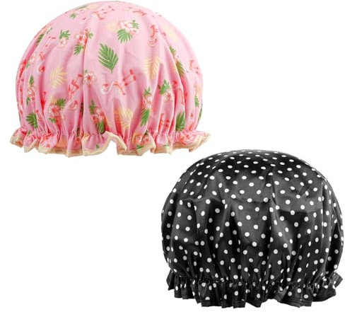 2 Packs Shower Caps for Women, KissDate Waterproof Reusable Elastic Bath Cap Shower Cap for Women Long Hair Shower Spa Salon Accessories (Black, Pink)
