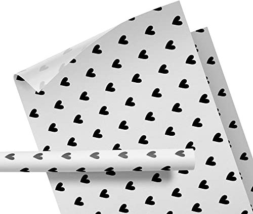 Seidenpapier weiß mit Herzen – Verpackungs- oder Füllmaterial – für Kleidung, Kerzen, Schmuck – Packseide mit Muster schwarze Herzchen – auf Rolle – 47 cm breit – 10 Meter lang