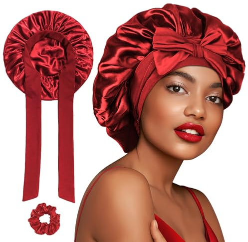 FOLAI Cuffia di Seta Capelli Ricci, Berretto da Notte in Raso Elastico con 2 Elastici - Adatto a Donne e Ragazze(Rosso)