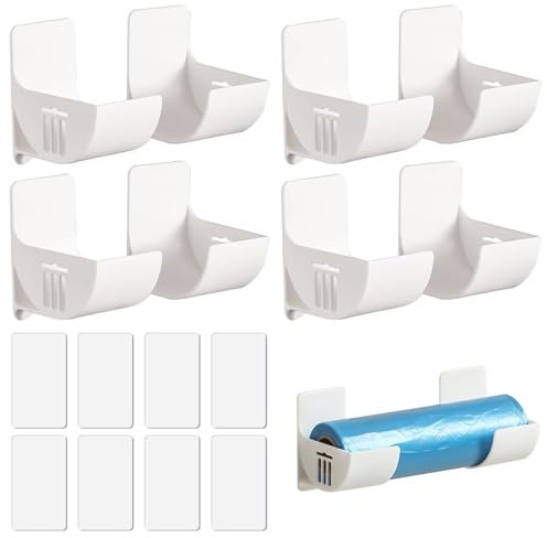 Focenat 4 Paare Wandmontierter Müllbeutelhalter, Alufolie Halterung Schrank, Müllbeutel-Organizer, Weiß, Wandmontierte Aufbewahrungsbox Selbstklebende für Küche, Badezimmer, Speisekammer