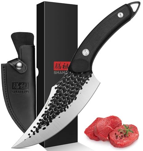 SHAN ZU Chef's Knife Handmade Forged Kitchen Knives with Leather Sheath High Carbon Steel Boning Knife Cooking Knife with Full Tang G10 Waterproof Handle, Professional Chef Knife for Home and Outdoor