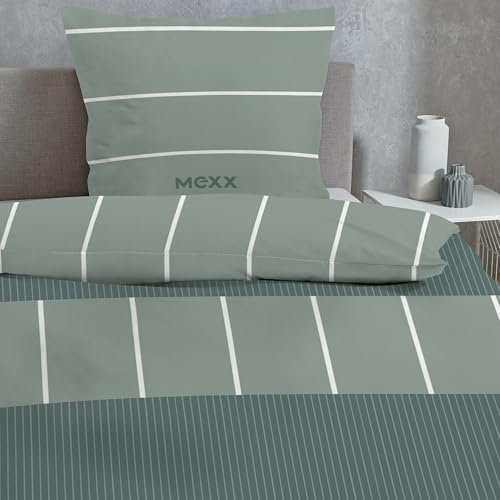 Familando MEXX Bettwäsche Set 135x200 80x80 cm aus 100% Baumwolle mit Reißverschluss · Jugendbettwäsche einfarbig gestreift · Bettwäsche Set 2-teilig Unisex (Salbei)