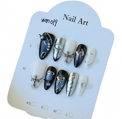 Handmade False Nails Almond Nails Glue Portable Nails with 3D Pattern Cute Cool Style Kuromi Design Removable Artificial Nails Adhesive Nails for Individual Nail Style