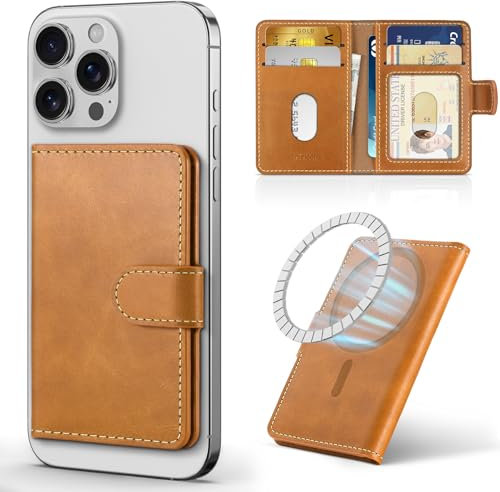 SHIELDON Genuine Leather Magnetic Phone Wallet, RFID Blocking, 6 Card Slots, ID Window, Minimalist Front Pocket Wallet for Men Women Compatible with iPhone 16/15/14/13/12 Series - Retro Light Brown