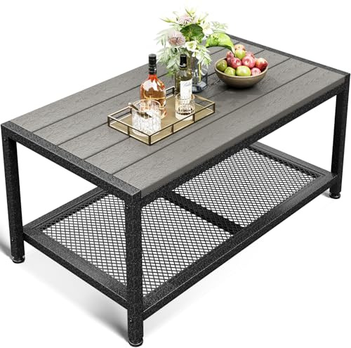 ODK Tavolino da caffè da esterno con doppio strato, rettangolare, resistente alle intemperie, per giardino, balcone, vasca idromassaggio, bordo piscina, struttura in metallo resistente, grigio