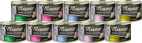Miamor Feine Filets 10 x 156 g Mixpaket | Garantiert 5 Sorten | Helle Filetstückchen im eigenen Saft | Fettarm, hochbekömmlich, ohne Innereien & tierische Nebenerzeugnisse