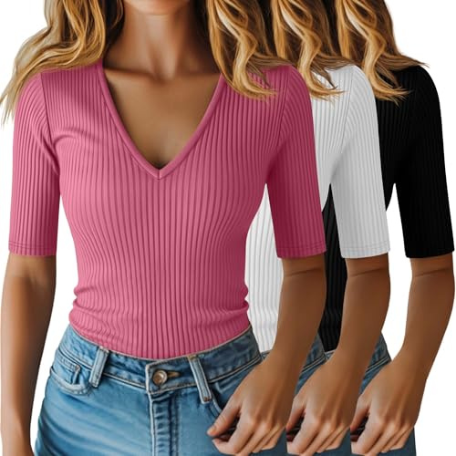 Riyiper Lot de 3 Hauts pour Femme à Manches mi-Longues Jusqu'au coude en Coton côtelé col en V Coupe ajustée