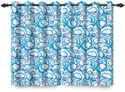 ggaimwf 107x215cm Rideau occultant à Vagues Japonais Bleu Motif Abstrait Imprimé Rideaux Isolation Thermique Habillages de fenêtre à œillets pour Salon Chambre d'enfant Salle à Manger 2 Panneau