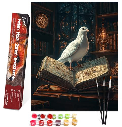 Bougimal Peinture par Numéros Animaux adultes avec pinceaux et peinture acrylique - 40 x 50 cm, Sans Cadre, Colombe blanche et livres