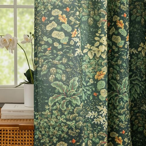 Vorhänge, grün, 203 cm lang, 2er-Set, Vintage-Cottagecore, botanisches Blattmuster, mit Ösen, halbtransparent, Leinenstruktur, französischer Landhausstil, Sichtschutz, Wohnzimmer, 127 x 203 cm