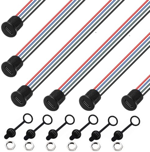 RUNCCI-YUN 6 Stücke USB C Buchse 5V 3A 4 Polige mit Staubschutzhüllen und Muttern, 4-Draht USB C löten einbaubuchse mit PD Funktion,150mm 24 AWG Drähten, Schwarz
