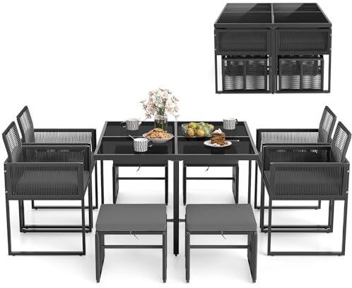 COSTWAY 5/9 Pieces Rattan Garden Furniture Set, Patio Dining Set with Tempered Glass Table, 4 Armchairs, 4 Ottomans & Removable Cushions, Space-Saving Outdoor Dining Table and Chairs Set (9 Pieces)