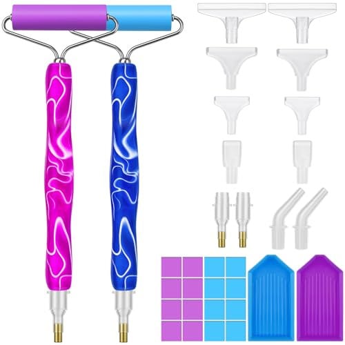 Furuising 2 Stück Diamond Painting Stift mit Rollen, Diamond Painting Zubehör Stift Set mit 2 Malerei Trays, 12 Stift Spitzen, 20 Diamant Farbe Wachs für Erwachsene Kinder