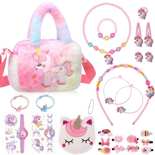 ViEinkaufen Ensemble de Bijoux pour Enfants 26 Pièces en Forme de Licorne pour Filles, Sac Doux en Peluche Licorne, Porte-Monnaie, Bandeau, Élastique à Cheveux et Pinces, Collier, Bracelet, Boucles