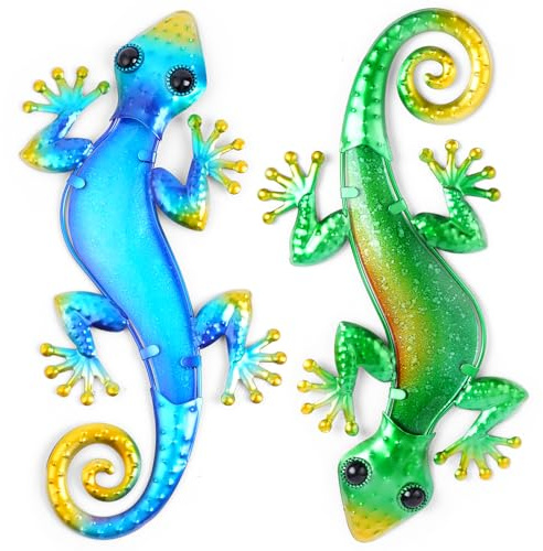 AOOSU Metall-Dekor, Gecko-Kunstdekoration, Schmiedeeisen, bunte Gecko-Wandskulpturen, Outdoor-Gartenzaun-Ornamente zum Aufhängen für Hinterhof, Veranda, Terrasse (30,5 x 18 cm, 2 Stück)