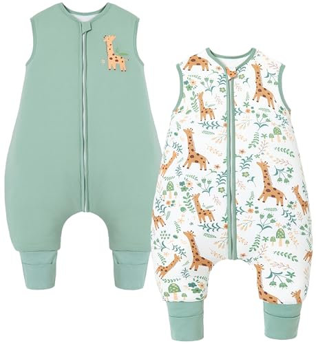 Chilsuessy 2er Pack Baby Schlafsack mit Beinen 2.5 Tog Winter Schlafsack Unisex Ganzjahres Schlafsack mit Füßen Babyschlafsack Schlafsack Kinder, A Grün + Giraffe, 90cm/Baby Höhe 95-105cm