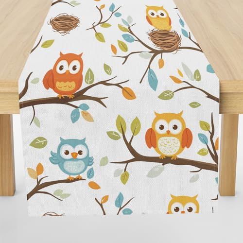 Meugesoi Cartoon Eule Tiere Tischläufer 30x140 cm Filialen Blätter Tischdecke Abwaschbar Küche Esstisch Tisch Runner, Tischläufer für Esszimmer Party Urlaub Dekoration