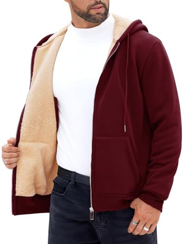 Rayson Hoodie Herren Sweatjacke Fleecejacke Winter Warm Zipper Tasche Kapuzenpullover Casual mit Kordelzug Sweatshirt Lange Ärmel(Vin-rouge,M