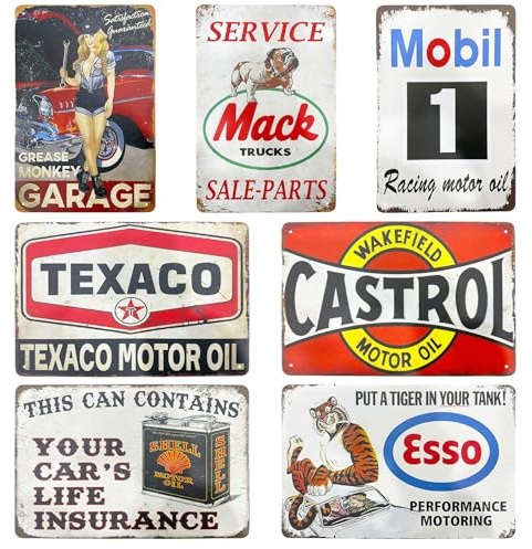 Lot de 7 plaques en tôle décoratives rétro - 20 x 30 cm - Pour garage, voiture, bar, essence, moto