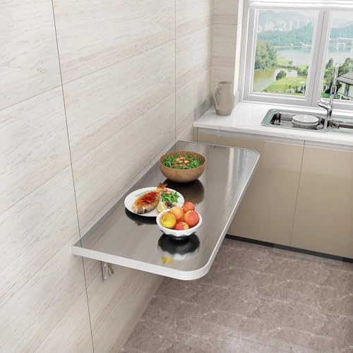 Klappbare Werkbank mit Ablage, Edelstahl, Wandmontage, kompaktes Design für Zuhause, Büro, Küche und Studio, platzsparender Arbeitstisch (80 x 40 cm)