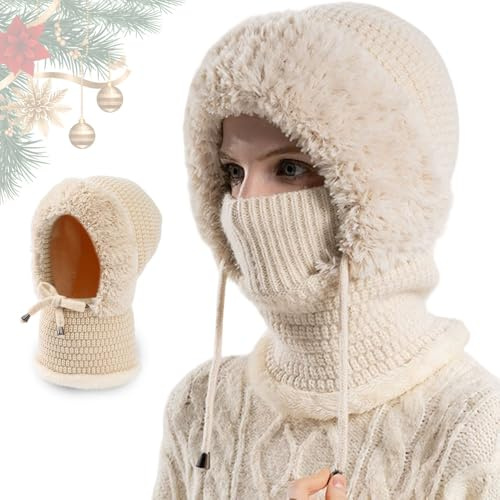 APODESS Wintermütze Damen, 2026 Neu 3 in 1 Beanie Mütze Warm Strickmütze & Halswärmer Sets Multifunktional Verstellbar Sturmhaube Gesichtsmaske mit Dickes Fleece für Frauen (Beige)