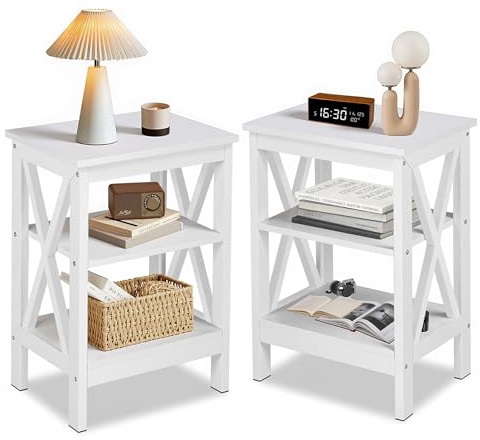 VECELO Table de Chevet Lot de 2, Tables de Nuit à 3 Niveaux de Rangement Ouverts avec Pieds Métalliques Solides pour Salon, Chambre, Canapé, Blanc