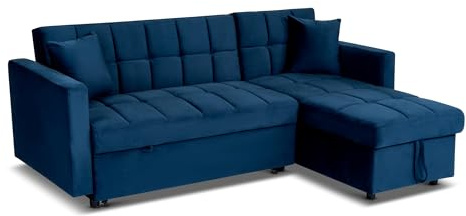Bravich Milo Corner Sofa Bed with Storage – Luxury Velvet Feel L-Shaped Pull Out Sofa Bed | Reversible Chaise, Double Guest Bed, Space Saving Storage Sofa for Living Room & Apartments – Blue