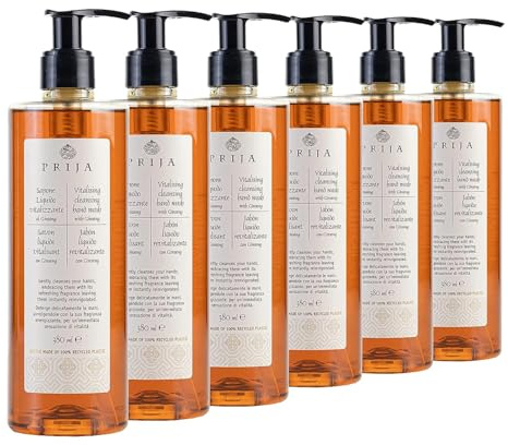 Prija Flüssigseife mit Ginseng 6x 380ml Flaschen, Vitalisierend, Wellness Spa Hotel Luxus Hotelkosmetik Handseife, Vegan, Dermatologisch Getestet