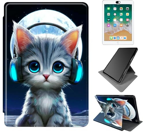 Dikoer for Amazon Kindle Fire 7(12th Generation, 2022 Release) Case, 360 Degree Rotating Adjustable Stand Smart Leather Tablet Cover for Women Men, Earphones Cat Moon