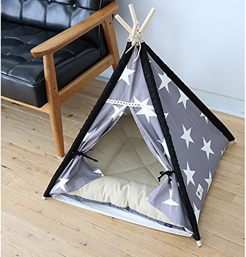 Lily&her friends - Haustier Tipi, Baumwoll-Leinen-Zelt für Hunde und Katzen, waschbares, Wigwam, tragbare Hundezelte, Haustierhäuser von indischem Design mit dickem Kissen (grau, große Sterne, klein)