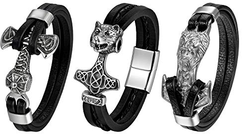 Aroncent 3PCS Leder geflochten Armband mit Magnet Verschluss Lederband Wolfkopf/Tiger/Thor's Hammer Wickelarmband für Männer Herren Schwarz