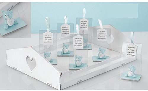 Cassetta legno Celeste con 20 Orsetti resina in pvc con frase BOMBONIERA