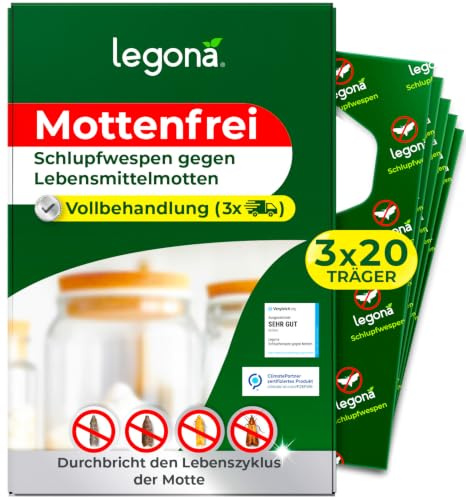 Legona Schlupfwespen gegen Lebensmittelmotten, 20 Träger, 3 Lieferungen | 9 Wochen Komplettkur gegen Motten in Küche, Vorratsschrank, Speisekammer und Lebensmittel
