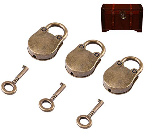 El juego de mini candados de 3 piezas incluye 3 llaves pequeñas, candados de decoración multiusos, aleación de zinc, cerraduras de estilo antiguo vintage para artículos pequeños, joyas, caja de equipa