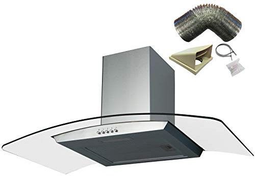 SIA CGH90SS 90cm Curved Glass Stainless Steel Chimney Cooker Hood and 1m Ducting
