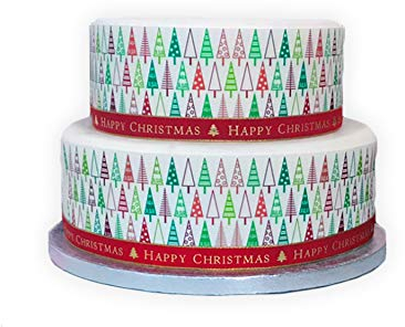 Orange Trading Dartmouth LTD A4 Edible Decor Icing Sheet Red and Green Christmas Trees Border Edible Cake Topper Decoration - Great for larger cakes