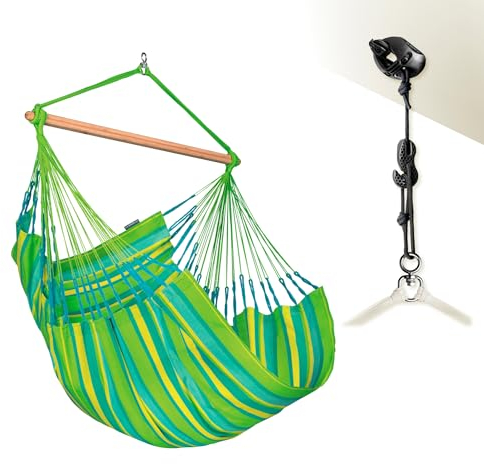 LA SIESTA® Domingo – Hängematte Komfort für den Winter, Funktionsfaser, kolumbianische Herstellung, große Oberfläche, Stabilisator Bambus, Entspannung im Freien – Limette, Kingsize mit Befestigung