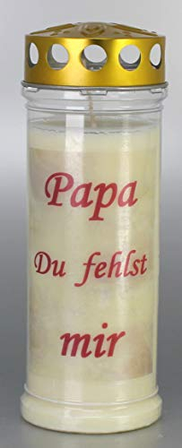 Grabkerze Papa Du fehlst mir (21x7,5 cm) Grablicht mit 7 Tage Brenndauer (3882), Wetterfestes Trauerlicht mit Deckel, Hochwertige Trauerkerze, Edle Gedenkkerze aus Deutschland
