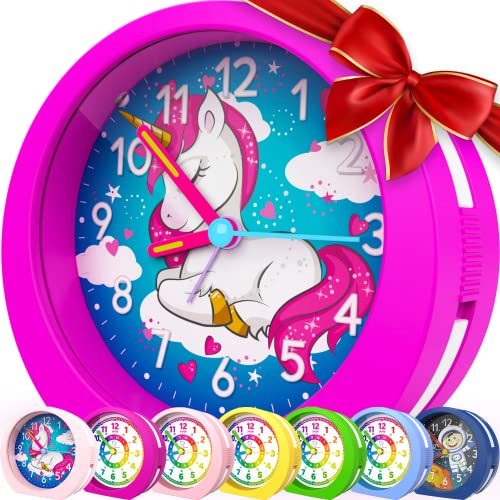 Honey's Heaven Kinderwecker ohne Ticken - für Jungen und Mädchen - Lernwecker Lernuhr Weckuhr Kinderuhr Quarzwecker Snooze Analog Quartz Wecker (Einhorn Violett, Kinderwecker)