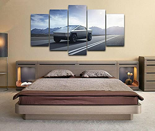 Myrdsio Kunstdrucke Gemälde 5 Teilig Leinwand Drucke,Wand Für Zuhause Malerei Wohnzimmer Wohnung Deko Modulare Bilder Cybertruck-Auto Hd Gedruckt Poster,Mit Rahmen