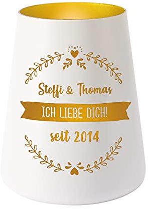 Herz & Heim® Kristallglas Teelichthalter mit Gravur Ihrer 3 Wunschzeilen Weiß