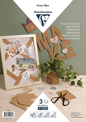 Clairefontaine 354589C Bag of 3 Cork Sheets 2mm thick A4 format (21x29,7cm) - Easy to Cut, Paste, Paint - Handicraft, Craft, Creative leisure activities DIY