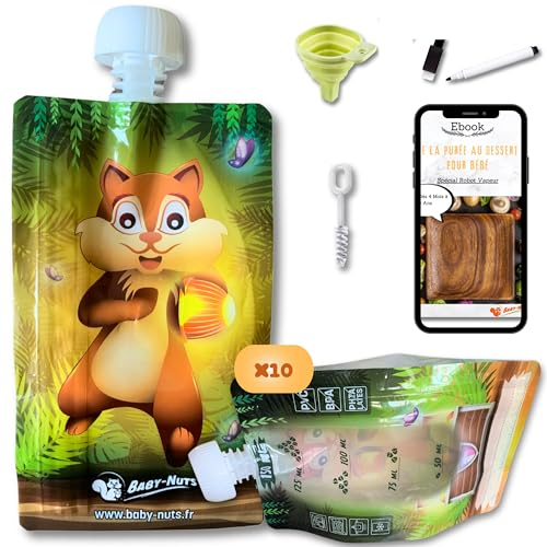 Kit de 10 Gourde compote réutilisable 150 ml [Economique] Pochette Rechargeable et lavable + Marqueur effaçable et Ebook Offert de recette pour repas bébé et enfant (Compote, yaourt,purée) sans BPA