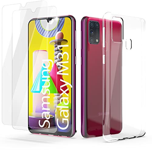 N NEWTOP Kit Cover Compatibile con Samsung Galaxy M31 + 2 Pezzi Pellicola Vetro Temperato Proteggi Schermo Display Custodia TPU Silicone Anti Urto Trasparente Slim Sottile Case Protettiva