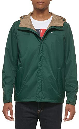 Tommy Hilfiger Men's Lightweight Breathable Waterproof Hooded Rain Jacket Raincoat, Pine Green, L